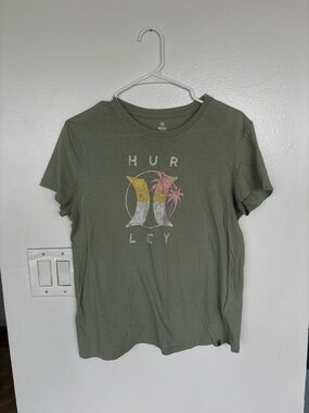 Hurley Olive Green Crewneck Tee with White Logo Print